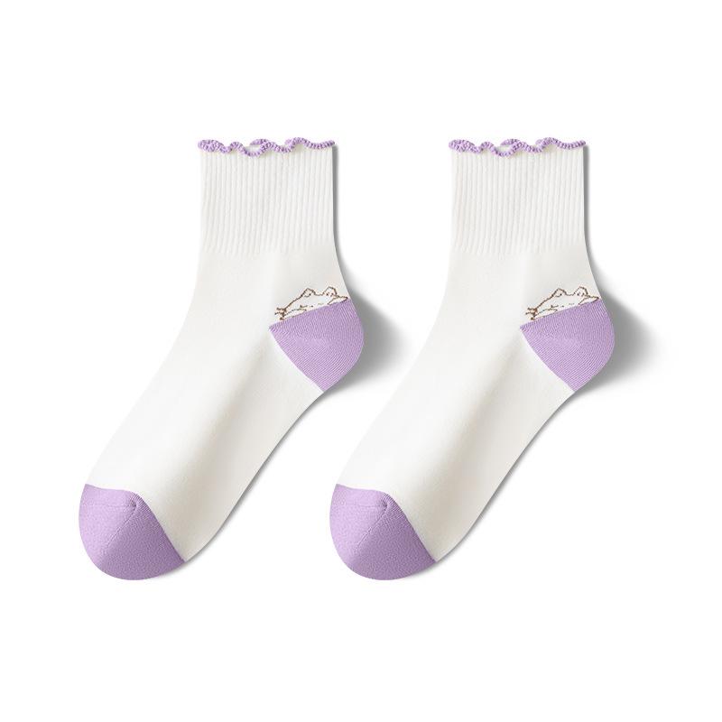 

Японские Милые Носки с Белым Кружевом и Котятами - Женские Весенне-Осенние До середины икры Свободного Покроя One Size 36-39 фиолетовый