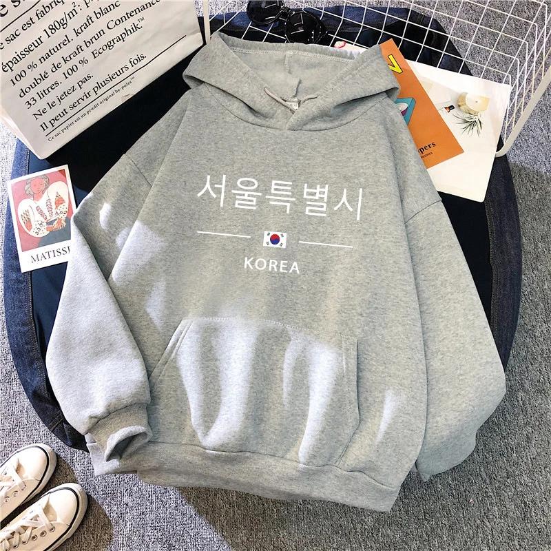 Seoul Korea Print Hoodie for Woman High Quality Hoode Long Sleeve Pullover All Season Female Casual Sweatshirt Harajuku