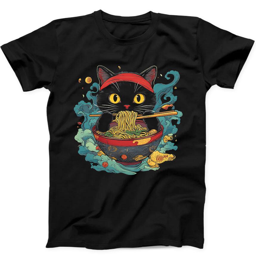 

Black Cat Eating Ramen Noodle Best Seller Funny Gift Black Tee T Shirt 323 4XL