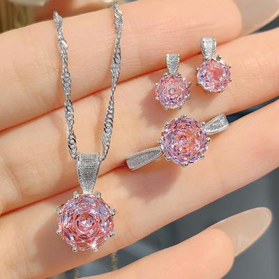 Design de Luxo Leve Colar com Pingente de Diamante Colorido Cortado em Rosa Brilhante Brincos de Tarraxa de Diamante Rosa Anel Paraíba Conjunto Tesouro Colorido