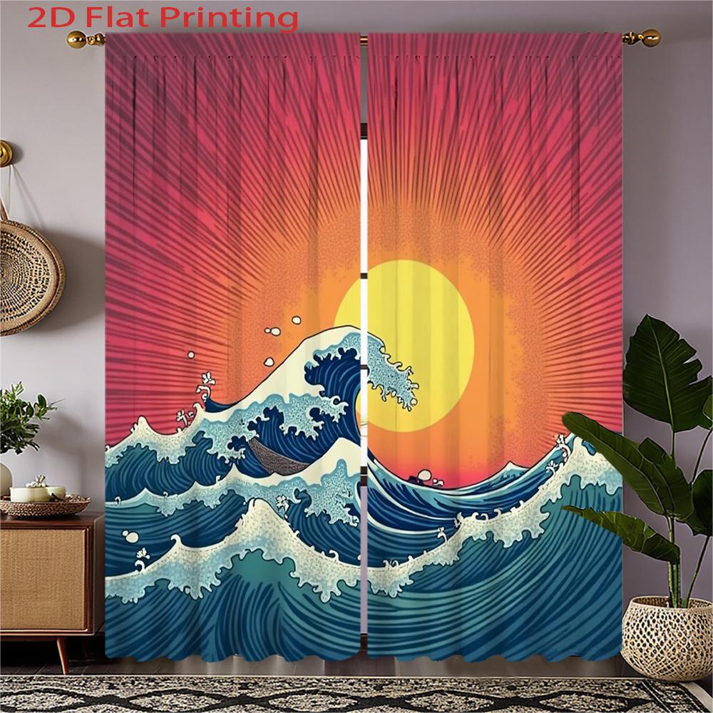 

Flat Panels Semi Ocean Wave Curtain Sunrise Pattern Window Drapes Filtering Suitable With Sheer Polyester W100*H70(CM)-Grommet top&2PCS