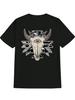 Casual Crew Neck T-shirt with Tribal Bull Skull Graphic Print – Black Polyester Summer Tee
