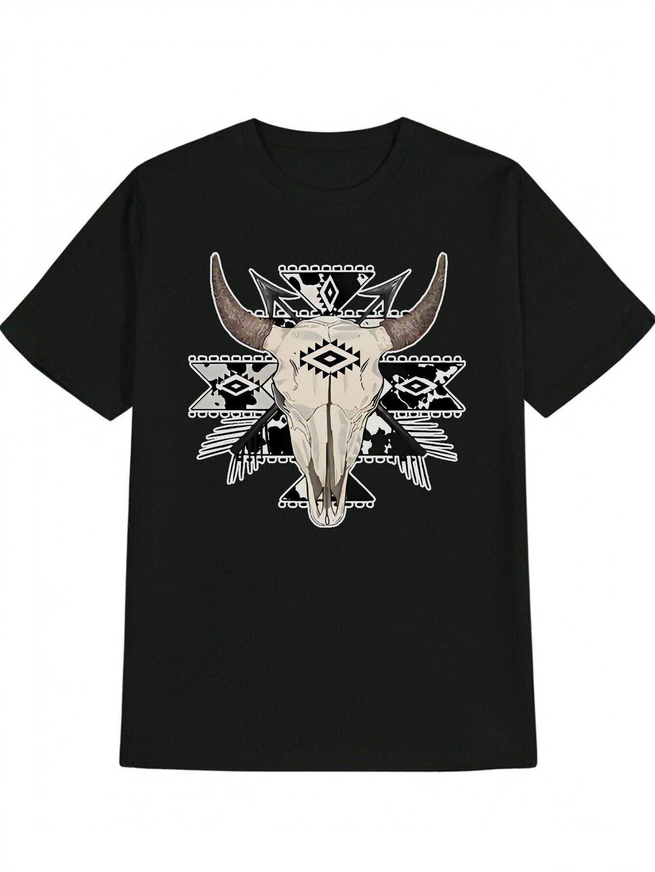 Casual Crew Neck T-shirt with Tribal Bull Skull Graphic Print – Black Polyester Summer Tee M