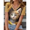 Summer Fashion Trend Casual Animal Cat Pattern Printed Short Sleeved V-neck Women's T-shirts