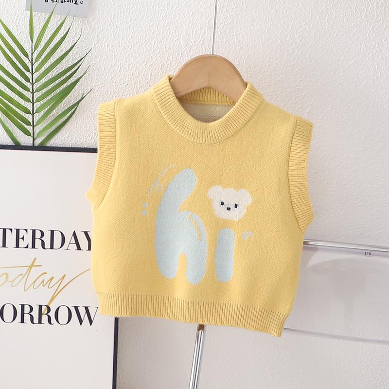 Childen Knitted Vest For Girls Boys Autumn Bear Jacquard Infant Toddler Knitwear Round Collar 0-5Years Baby Sleeveless Sweater