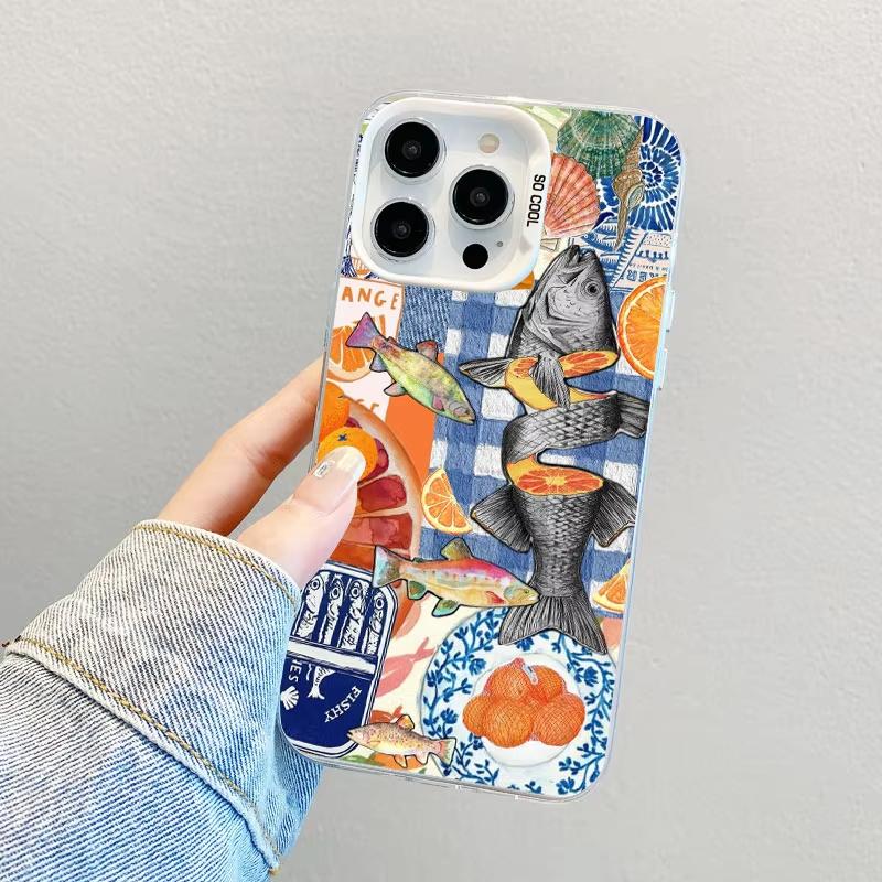 Fish Sardine Painting Art Silver IMD Phone Case For iPhone 17 Pro Max 16 15 Pro 14 13 Mini 12 11 XR 17Air Plus Hard Matte Cover