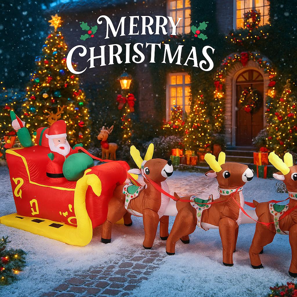 12.1FT Inflatable Toy Santa Sleigh Reindeer Xmas Yard Party Decoration LED Lit Christmas Home Supplies Ornament Festive Gift