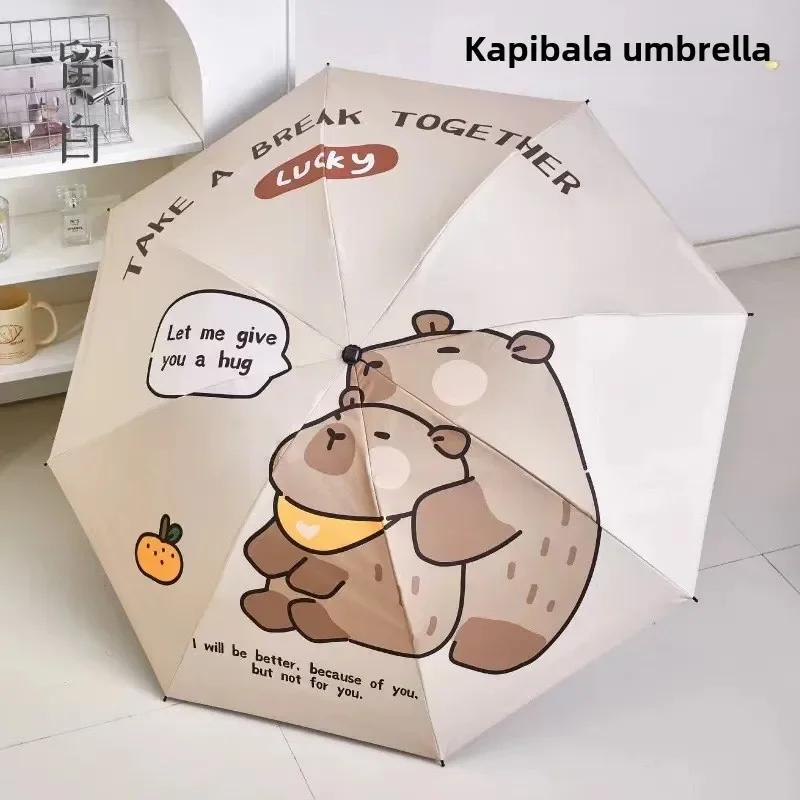Capybara Niedliches Cartoon-Design Automatischer Regenschirm Winddicht UV-Schutz Regenschirm für Frauen Mädchen Sonnig und Regnerisch Faltbarer Regenschirm