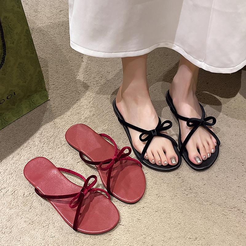 Shoes for Women 2024 New Open Toe Women's Slippers Summer Bow Tie Solid Solft Sole Light Outdoor Casual Beach Flat Slippers