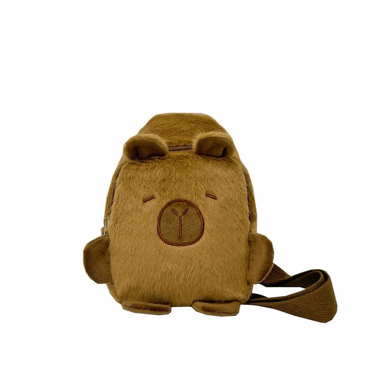 Kawaii Capybara Plush Shoulder Bag Backpack Cute Cartoon Soft Chest Pack Fur Bag Storage Cell Phone Bag Winter Gifts for Student