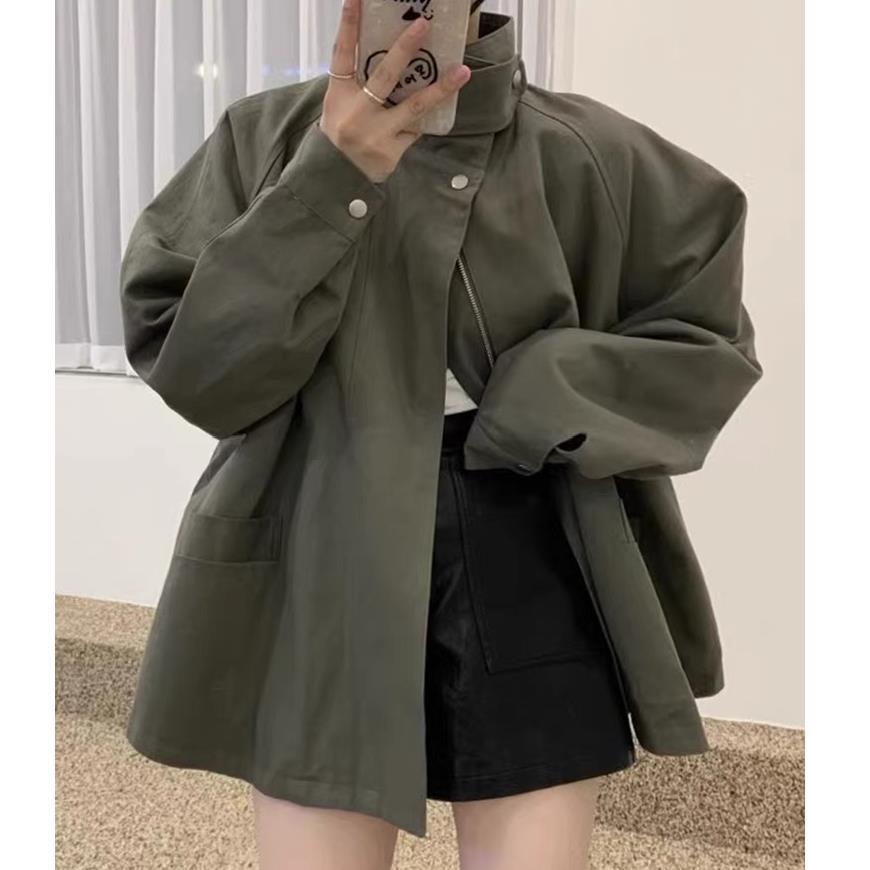 Korean chic autumn niche retro stand-up collar cape design big pocket loose versatile long-sleeved trench coat women