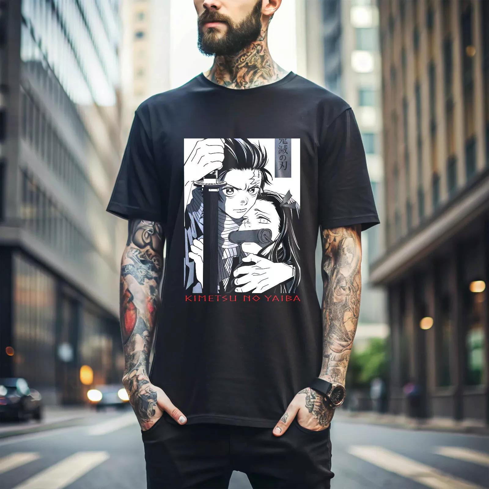 

100% cotton TOPS UNISEX TEES MENS WOMENS Tanjiro And Nezuko Kamado Demon Slayer Kimetsu No Yaiba new Unisex T-Shirt 301 4XL чёрный