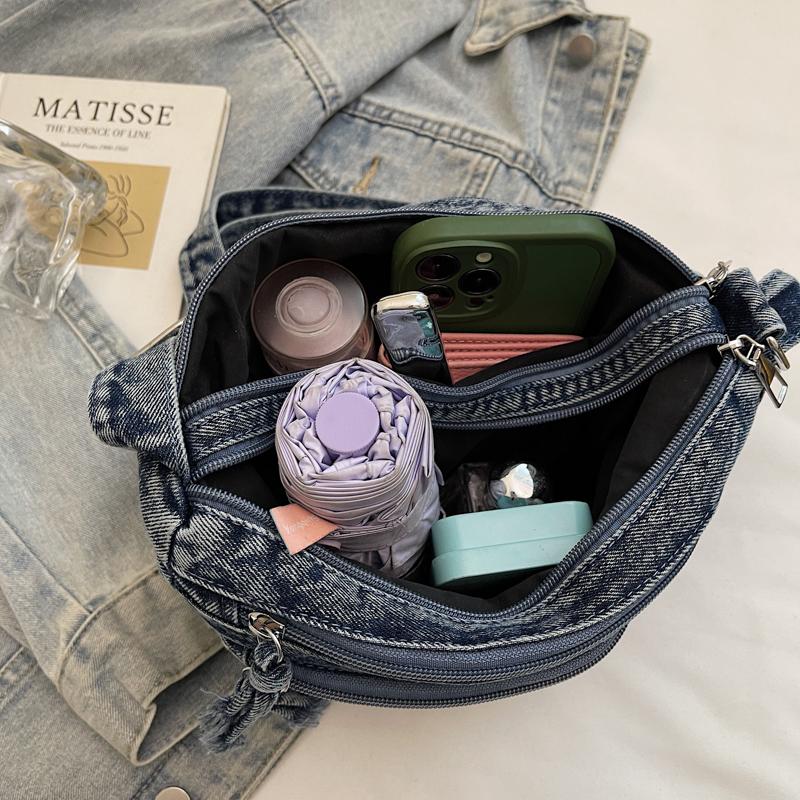 Multi-layer Denim Bag Vintage Shoulder Bag Women's Embroidered Crossbody Bag