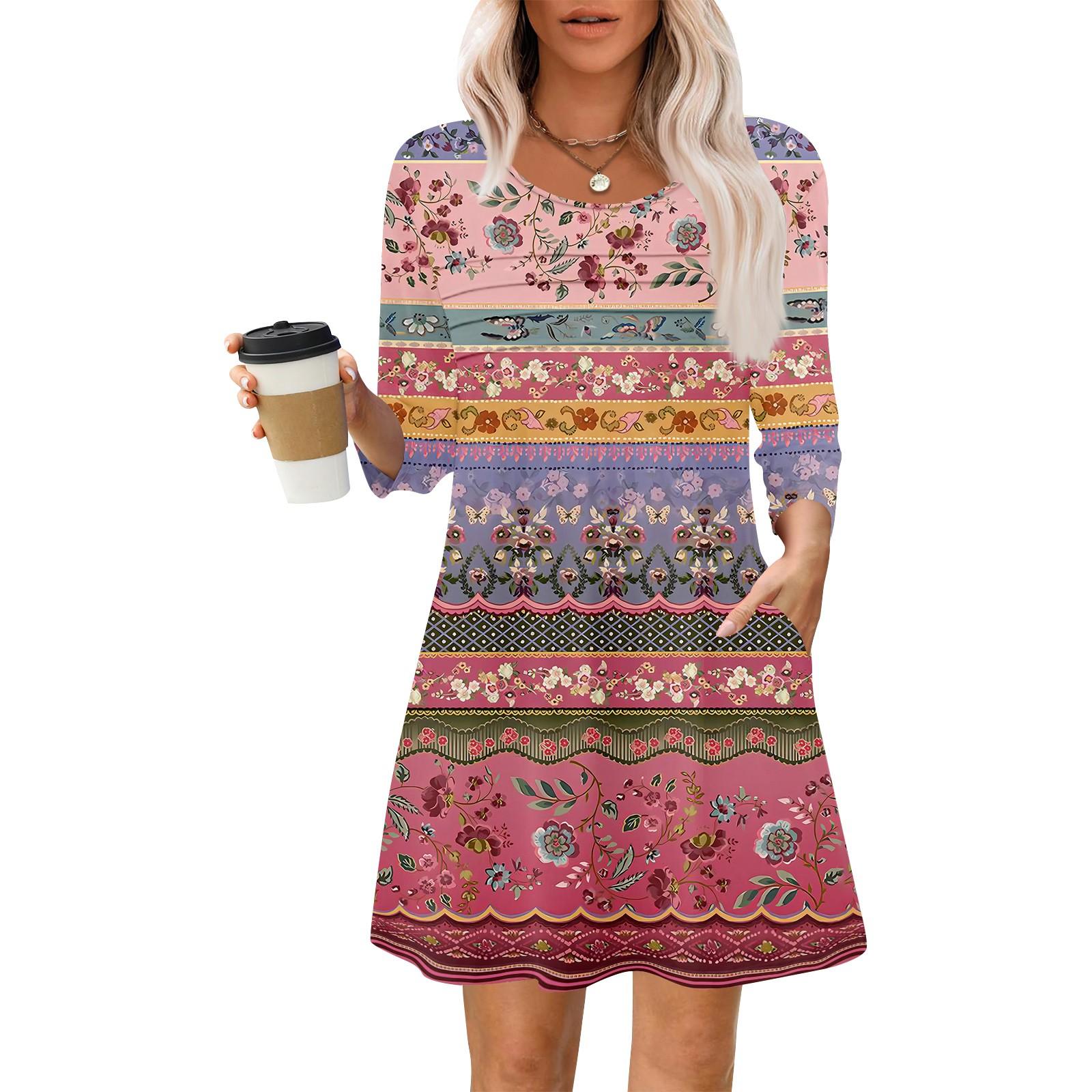 

Жіночі літні повсякденні сукні в тонку смужку з довгим рукавом у складку з квітковим принтом XL Кіновар