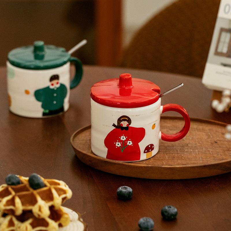 A Family Retro Ceramic Mug High Looking Household Couple Breakfast Cup with Lid Spoon Souvenir
