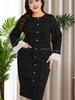 Middle East Houndstooth Long Sleeve Plus Size Round Neck Dress