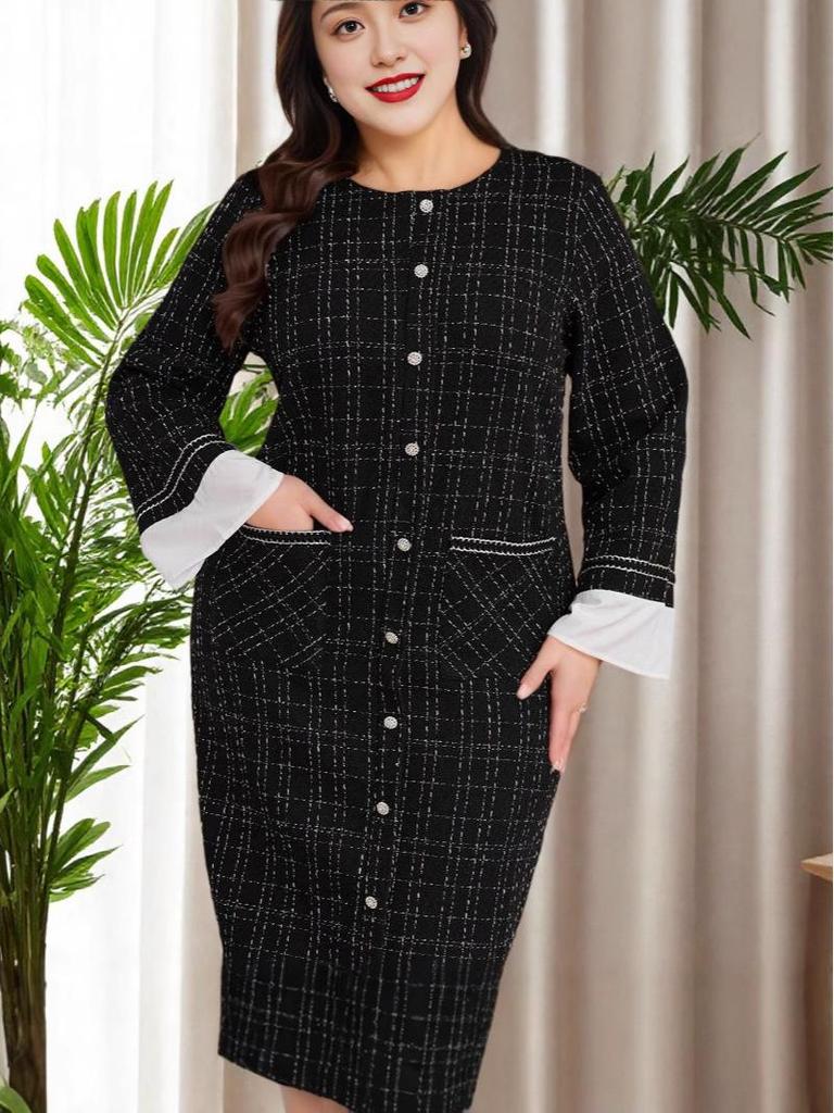 Middle East Houndstooth Long Sleeve Plus Size Round Neck Dress