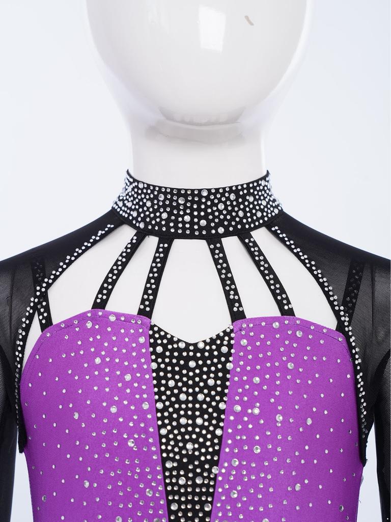 Flickor Dansuppträdande Topp Mock Neck Långärmad Genomskinlig Mesh Utskuren Rygg Axelbandsförsedd Strass Crop Top