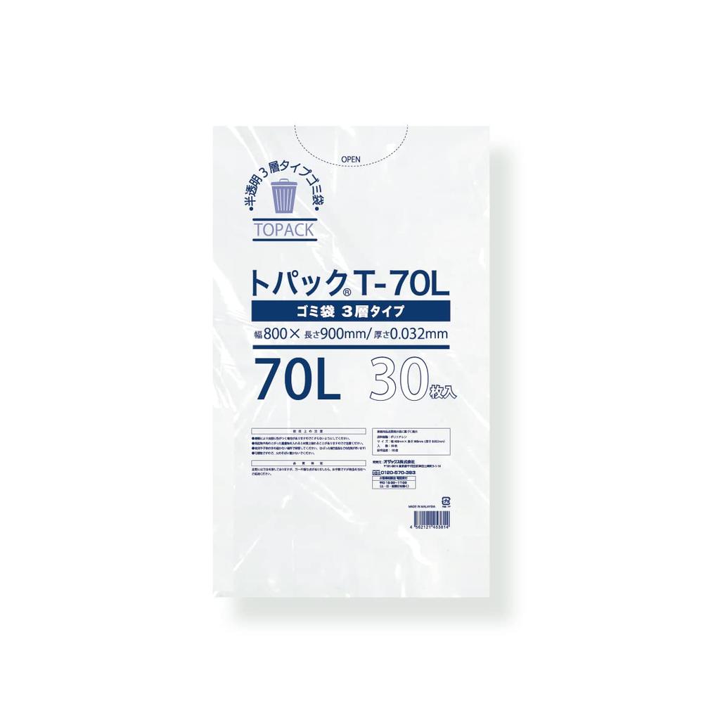 Ozax Topac Garbage Bag 30 Translucent In a Case of 10 Material That Is Resistant To Pulling and Piercing T-70L, Pieces, (sold Books), 3-layer