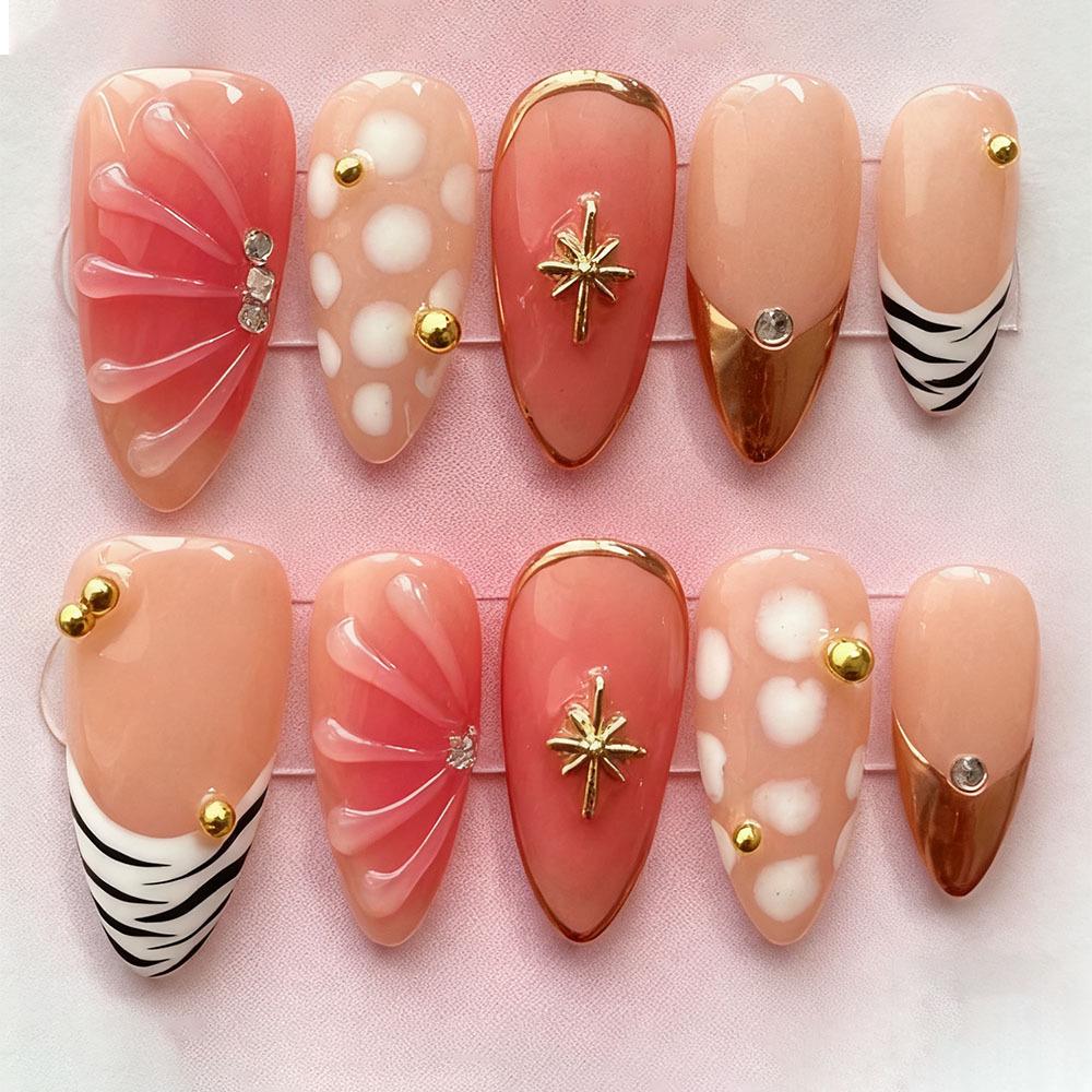 French Gold-Plated Steel Beads 3D Resin False Nails - White Polka Dot Zebra Pattern Wearable Nail Tips