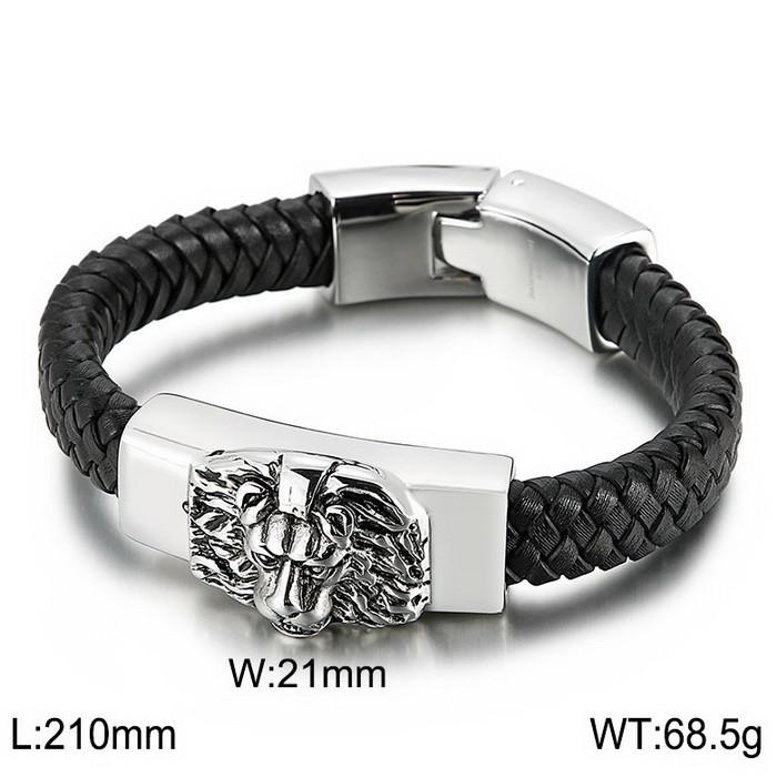 KALEN Fashion Mens Bracelets Stainless Steel Cowhide Leather Lion Head Bracelet Bangle 22 CM&Punk