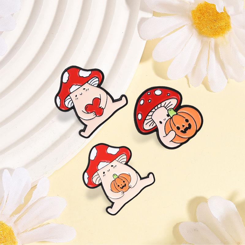 Xiaomi Halloween Mushroom Elf Holding Pumpkin & Heart Enamel Pin Cute Spooky Mushroom Brooches Bag Lapel Badge Jewelry Gift for Friends