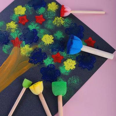 Foam Sponge Brush with Wooden Handle Round Flower Multi Size Painting Tools for Kids Children DIY Acrylic Watercolor Varnishes