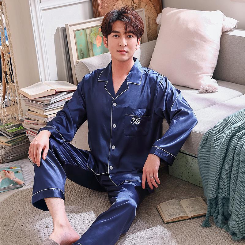 Frühlings-Seidenpyjama-Set im koreanischen Stil: Damenimitatseide & Herren Dünn Langarm Hauskleidung