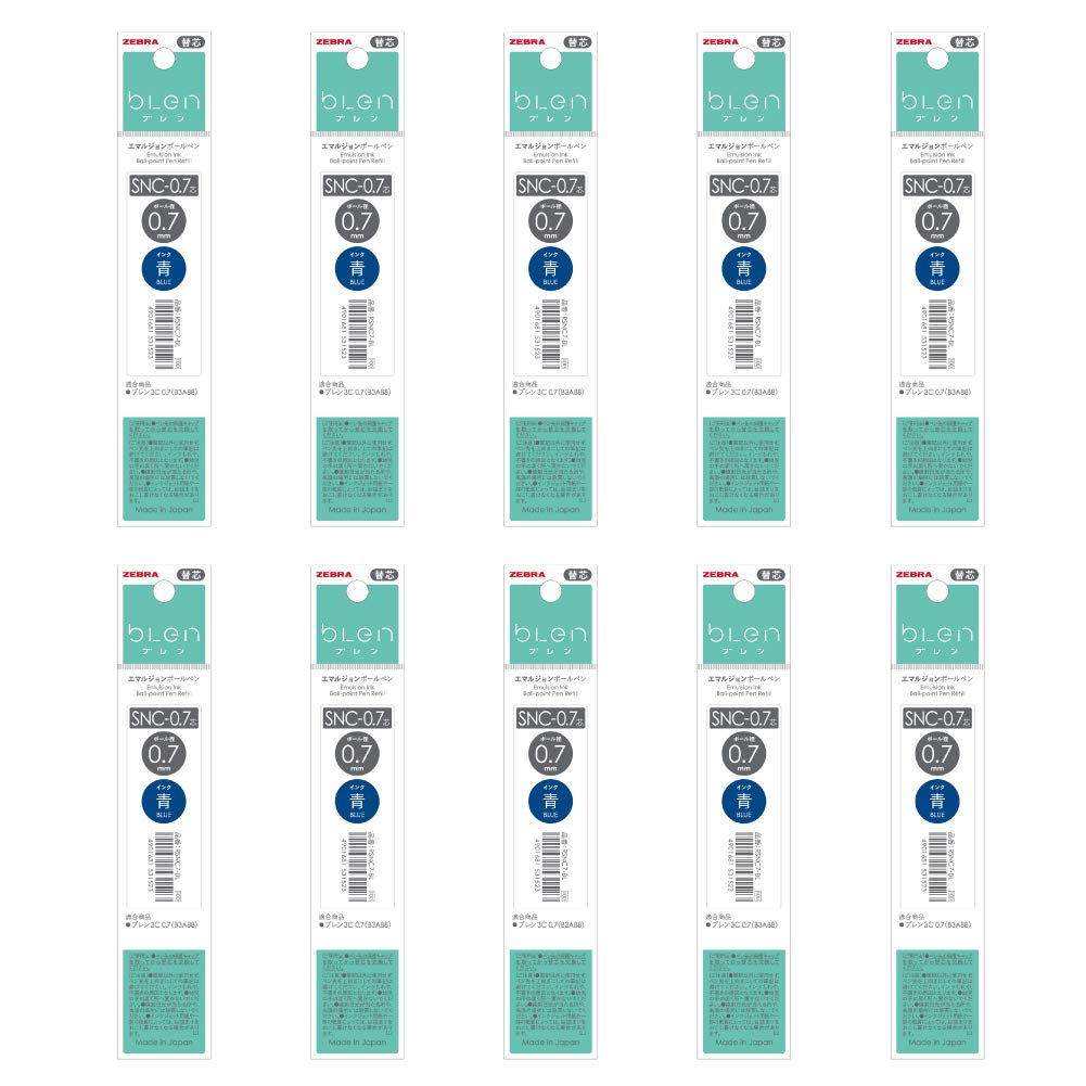 Zebra Ballpoint Pen Blen 3C Box of 10 Oil-Based Refills, SNC-0.7, Blue, B-RSNC7-BL,