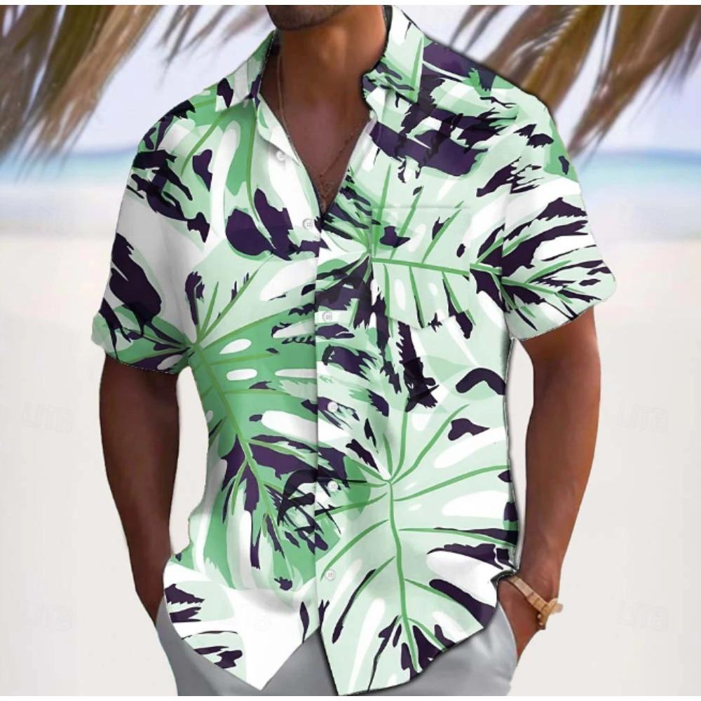 Camicia da uomo con stampa 3D di foglie Camicia con bottoni Camicia casual Camicia estiva Manica corta Abbigliamento quotidiano per le vacanze