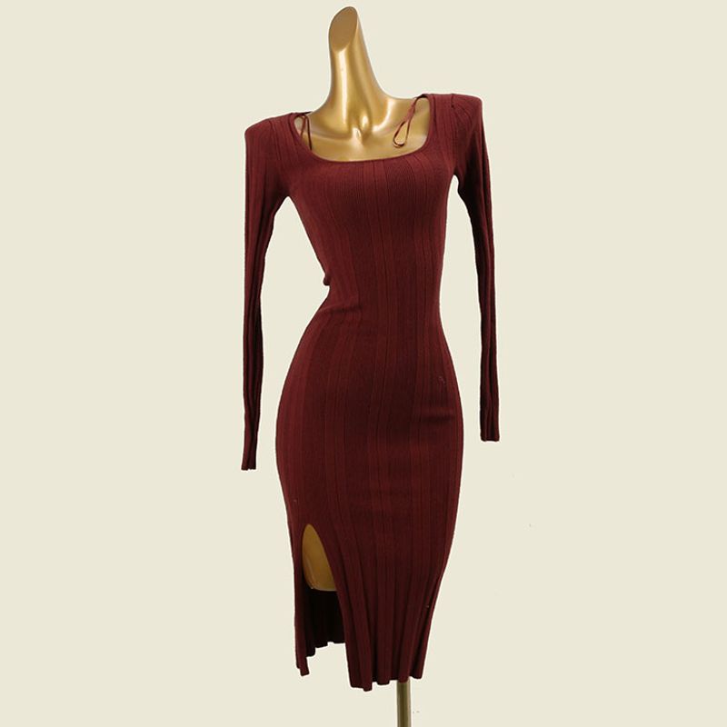 Foreign Trade Original Order Square Collar Slim Fit Long Sleeve Hip Skirt Rib Slimming High Split Sexy Knitted Dress