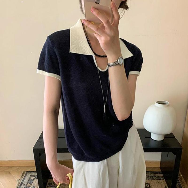 women color block polo knit top collared notched v-neck short sleeve casual lightweight sweater
