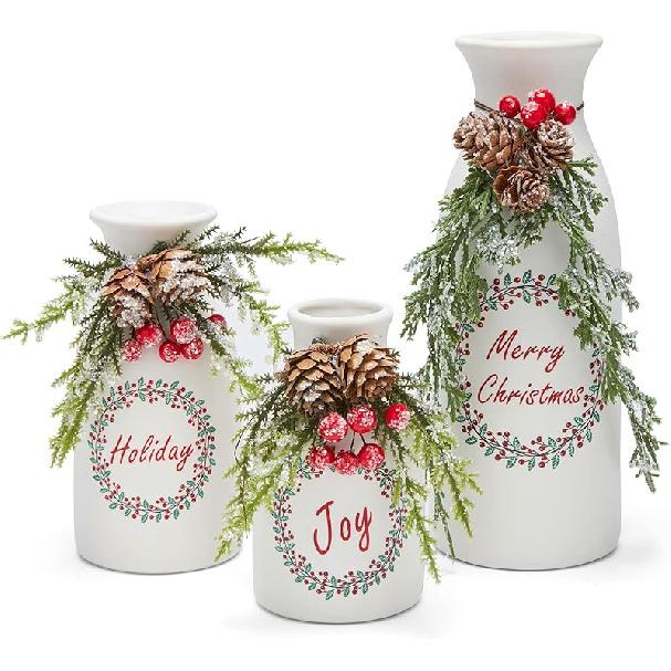 Artificial Christmas 3-Piece Set Flocked with Mixed Xmas Decorations Ceramic White Bottles белый