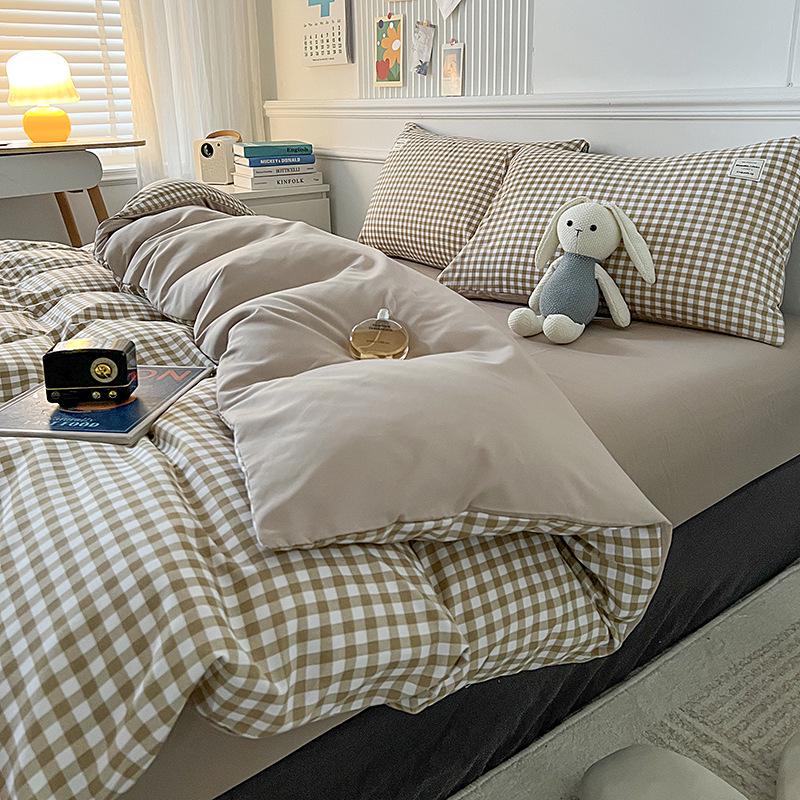 Muji Style Plaid Peach Fuzz Cotton Bedding Set: Skin-friendly Bed Sheet, Fitted Sheet, Duvet Cover - 3 or 4 Piece Options for Dorm.