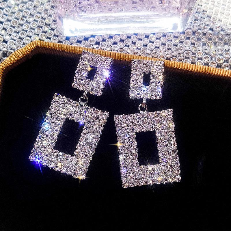 Rscvonm Luxury Shining Crystal Drop Earrings Gold  Color Square Rhinestone Dangle Earrings For Women Wedding Party Jewelry