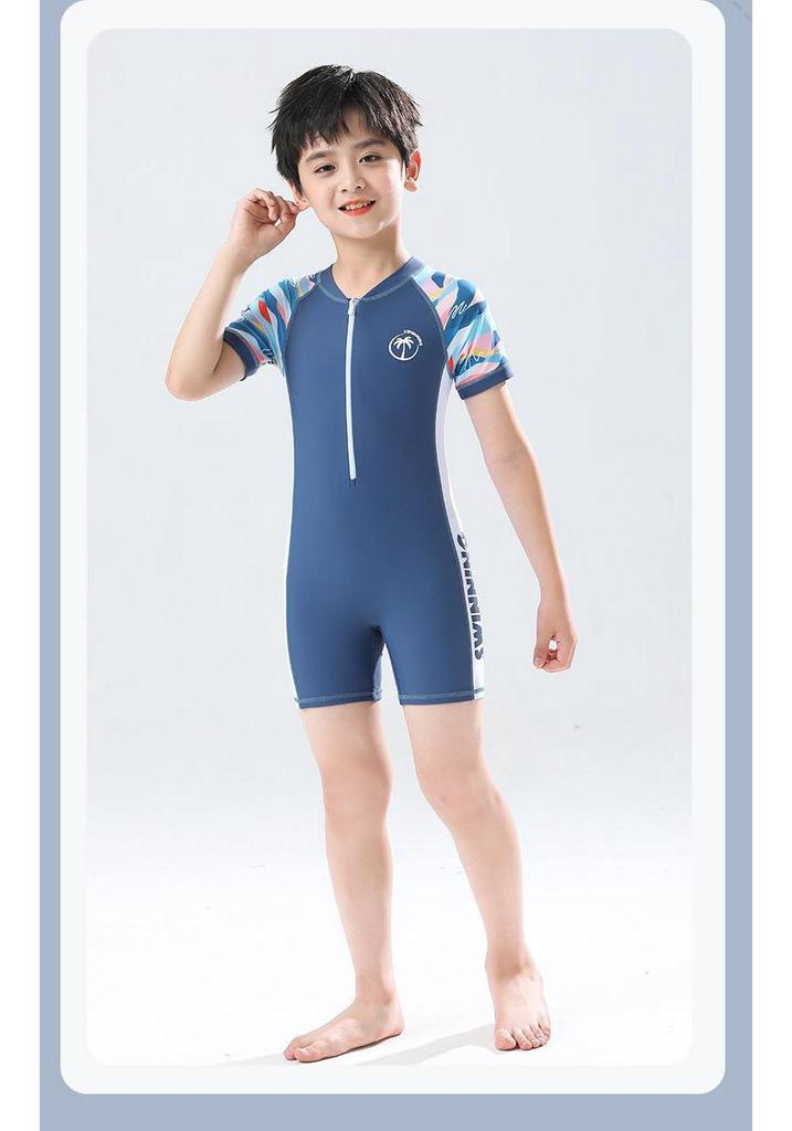 Korean Style Boys' One-Piece Swimsuit with Sun Protection - Quick Dry, Print Design for Kids (S, M, L)