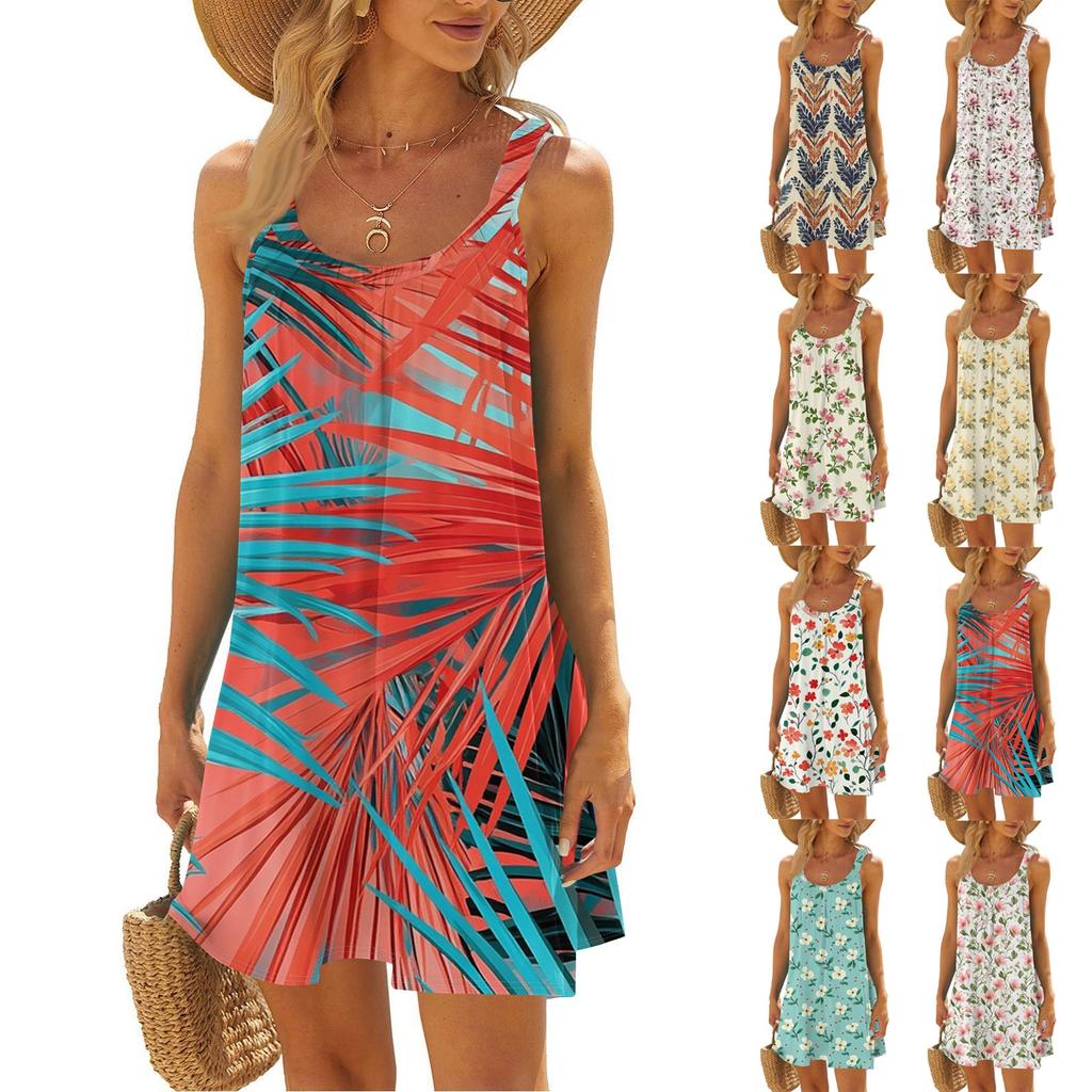 Women's Summer Sleevelesss Scoop Neck Sun Dress Tank Beach Dress
