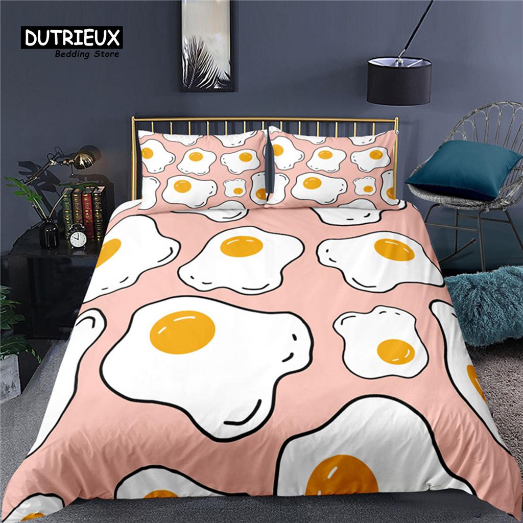 Lussuoso Set Biancheria da Letto per Bambini con Stampa 3D Uovo Fritto, Confortevole Copripiumino e Federe, Taglia Queen e King EU/US/AU/UK
