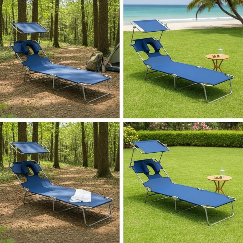 Camp Bed Sturdy Portable Lounge Chair with Sun Cover for Camping, Waterside