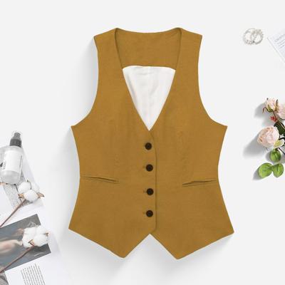Dámský top vesta s výstřihem do V, jednořadé zapínání, bez rukávů, ležérní vesta s kapsami, dámská elegantní vesta, sako