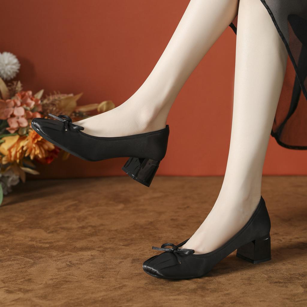 Bow word with rhinestone ballet shoes Mary Jane women's shoes small fragrant style thick heel high heels women's high sense