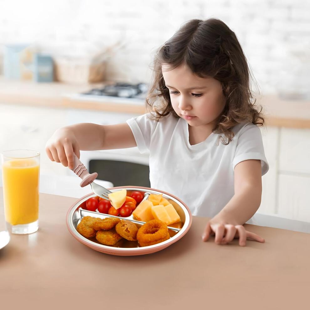 PandaEar Set da 8 Pezzi in Acciaio Inossidabile per Pappa del Bambino, 2 Piatti con Ventosa per Bambini & 2 Ciotole per Bambini Piccoli & 2 Set di Posate (Cucchiaio e Forchetta), Posate per Bambini Piccoli, Piatti Divisi