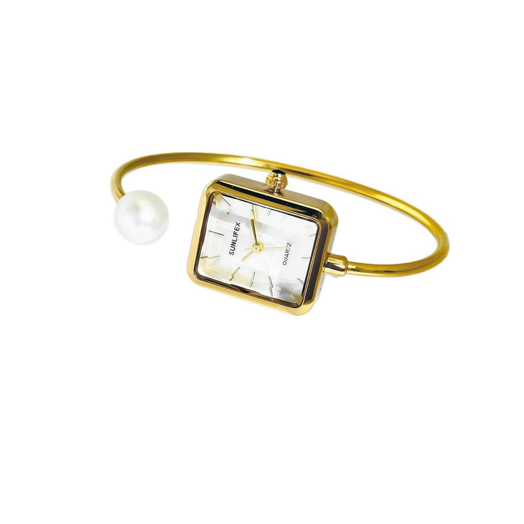 Golden Pearl Square Bracelet Watch - Women's Luxury Retro-Style Quartz Watch
