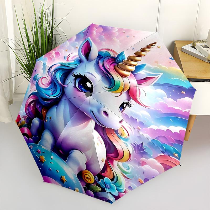 1pz Ombrello Arcobaleno Unicorno Apri/Chiudi-Antivento, Ombrello da Viaggio Compatto, Robusto Asta a 8 Stecche, Accessorio da Esterno1190