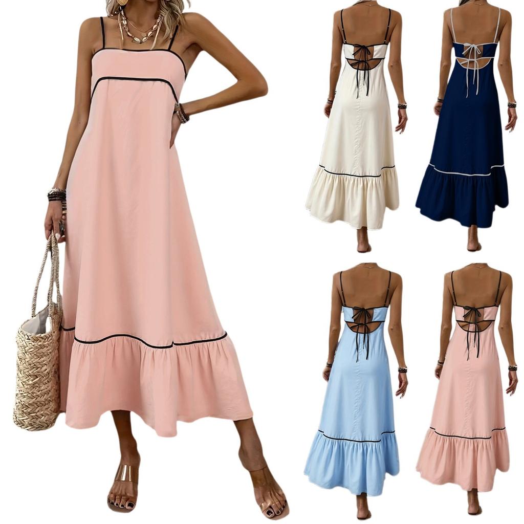Damen Lässiges Ärmelloses Sommerkleid Einfarbig Lang Sommer Strand Maxi Kleid