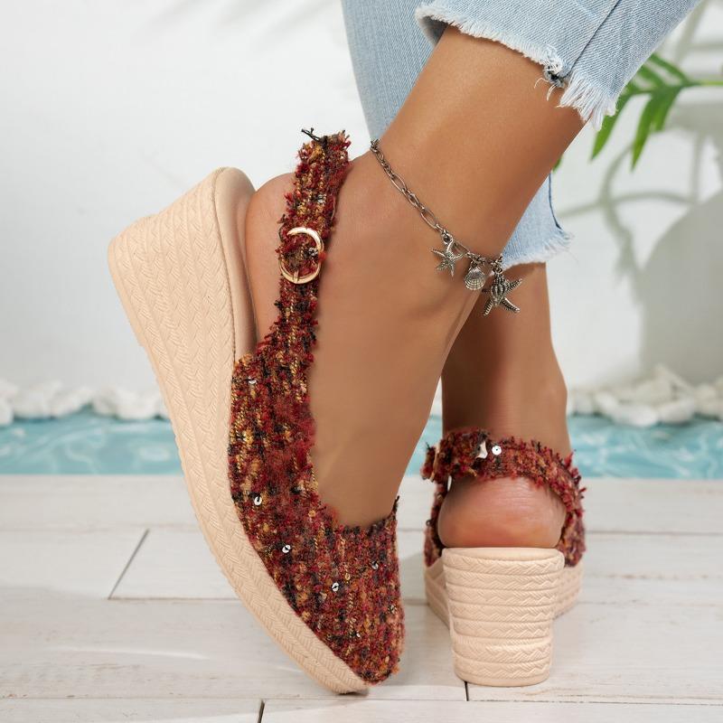 Spring new slope heel thick sole bag head high heel sandals rear empty thick heel women's shoes straw hemp rope bottom