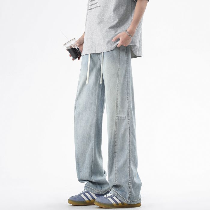 Three-bar Jeans with Loose Draping Style High Street Mopping Trousers