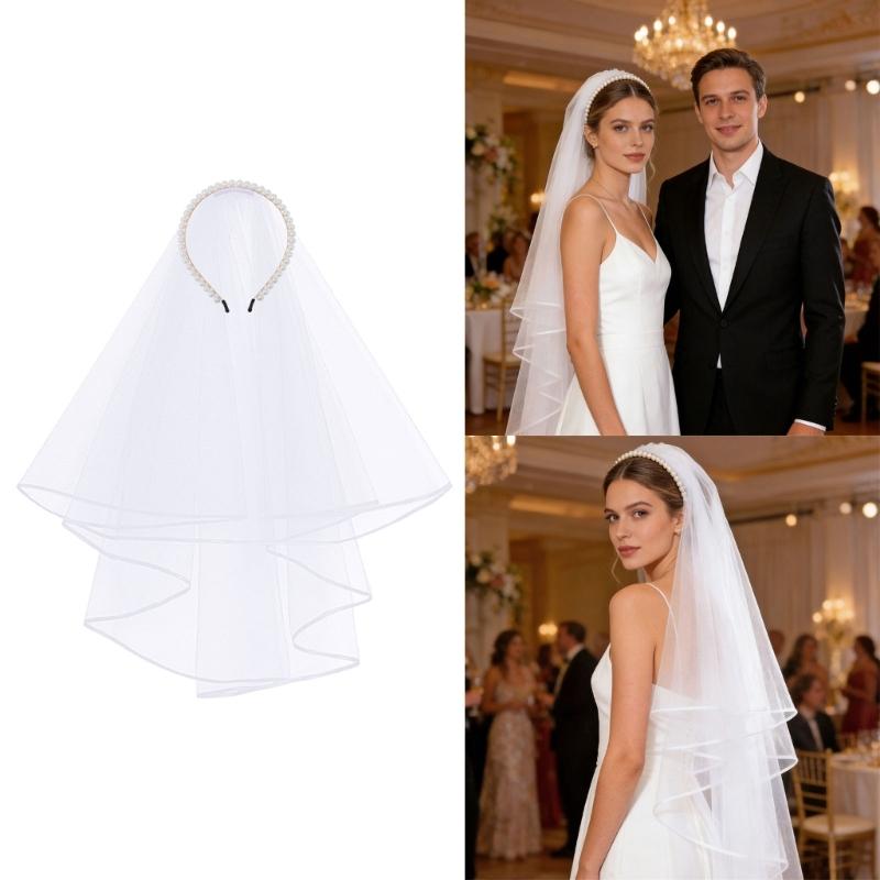 Delicate White Pearls Embellished Hairband Headdress Combined Veil For Bride Formal Event And Everyday Wear