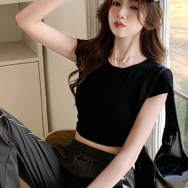 Black Korean Spice Girl Crew Neck Open Navel Short Sleeve T-Shirt Summer New Sweet and Spicy European and American Top Trend