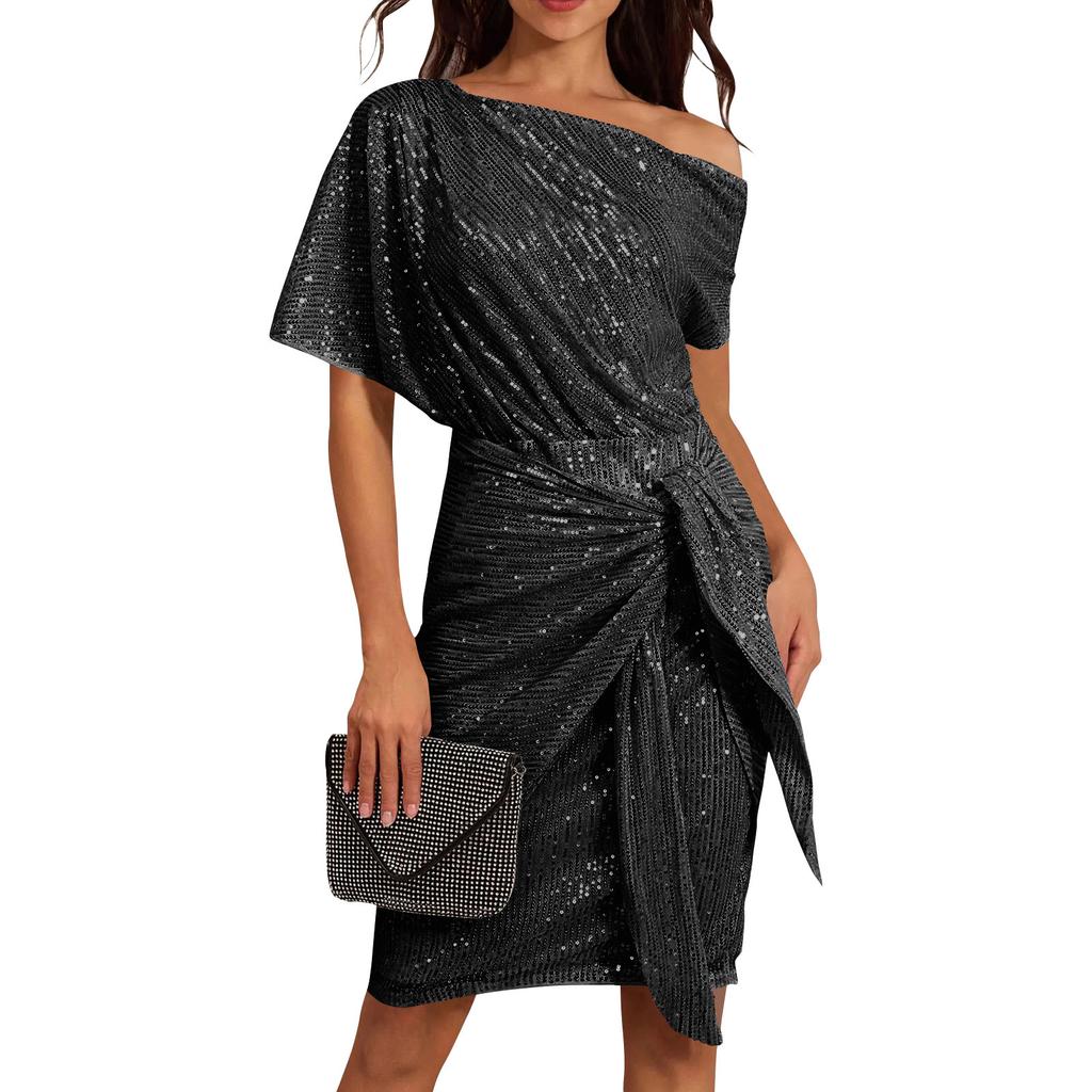 Fashionable Color Glitter Dress With Pleated Shoulder